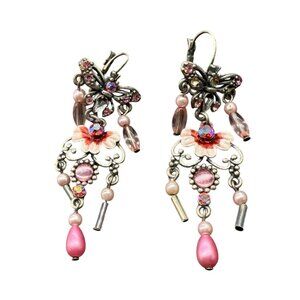 Pink Crystal Beaded Rhinestone Whimsical Floral Butterfly Earrings Silver Tone